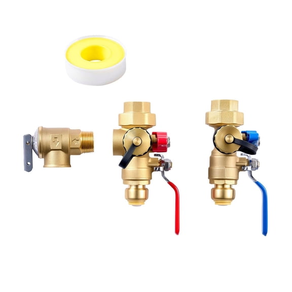 tankless water heater service valve kit, 3/4 inch, lead-free brass, with isolation valves and pressure relief valve