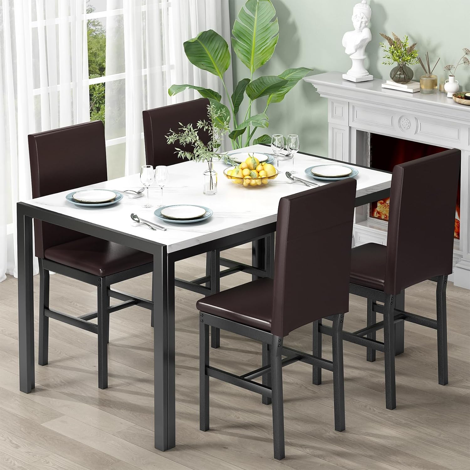 tantohom 5Piece Kitchen Table Set, 47inch Rectangle Dining Table and 4 leather Upholstered