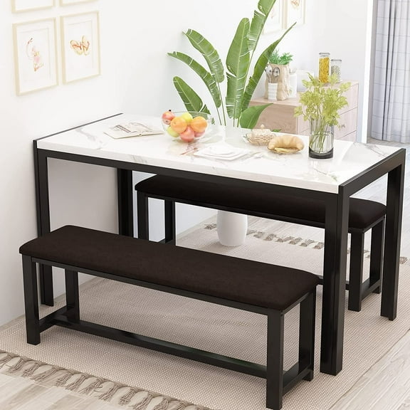 Cvortll Dining Table Set for 2, 47" Farmhouse Kitchen Table with 2 Cushion Bench, 3-Pieces Rectangle Dinette Set for Dining Room, Breakfast Nooks, Small Space