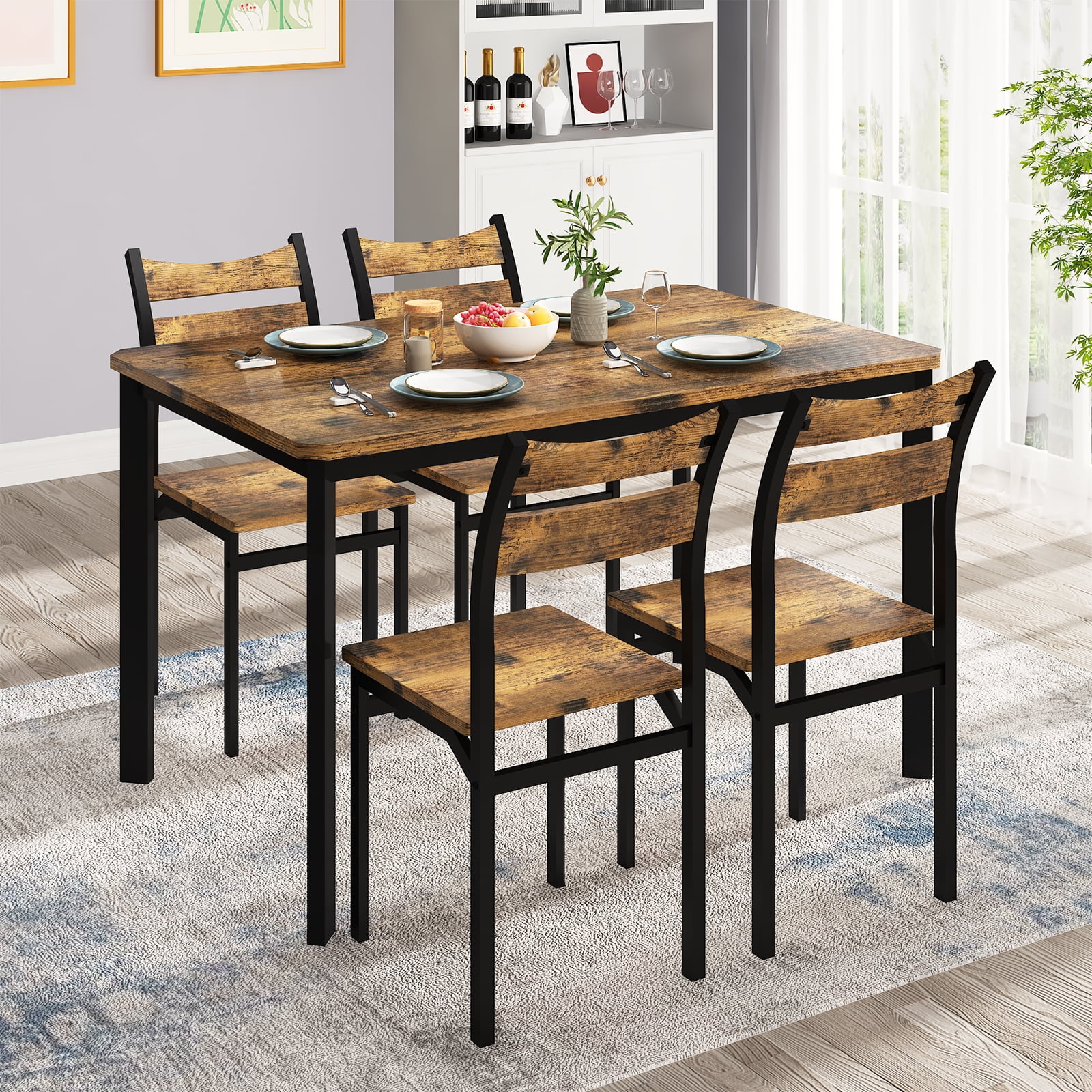 tantohom Dining Table Set for 4, Brown Rectangular Kitchen Table and Chair Set with 43" MDF wood
