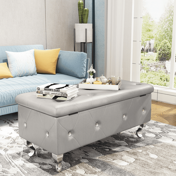 DKLGG Storage Ottoman Bench, 37" Stylish simplicity End of Bed Storage Bench with Button-Tufted & Flip Top Foot Rest for Bedroom, Living Room, Vanity Bench Seat, Silver