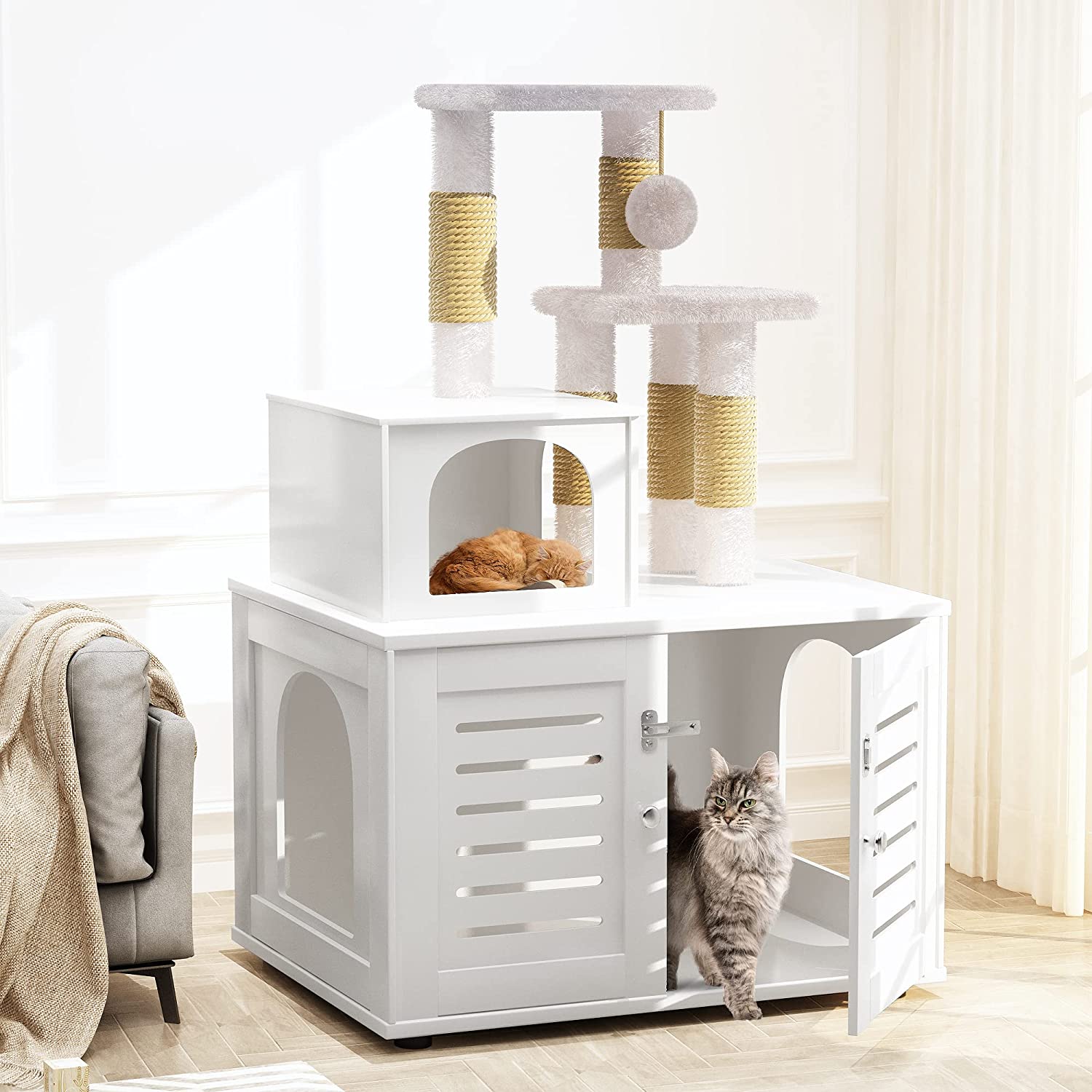 tantohom Wooden Cat Tree Cat Tower with Litter Box Enclosure, Cat Tree