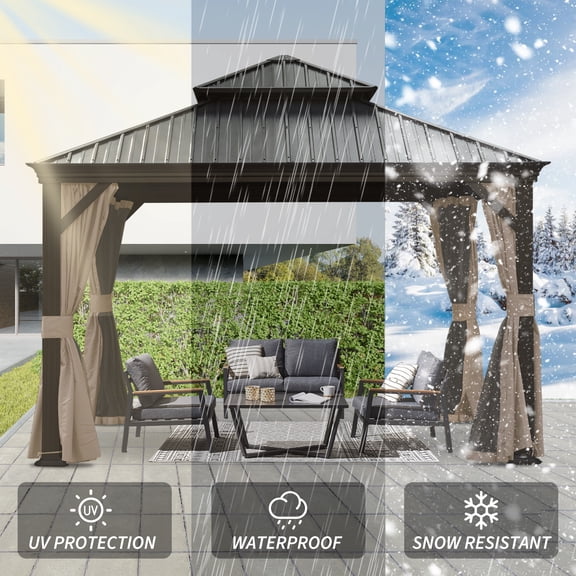 taoruifang 12x12 FT Square Brown Hardtop Gazebo, All-Weather Aluminum Metal Outdoor Canopy with Drainage System, Dual-Layer Steel Roof, Curtain and Netting for Patio Backyard Garden