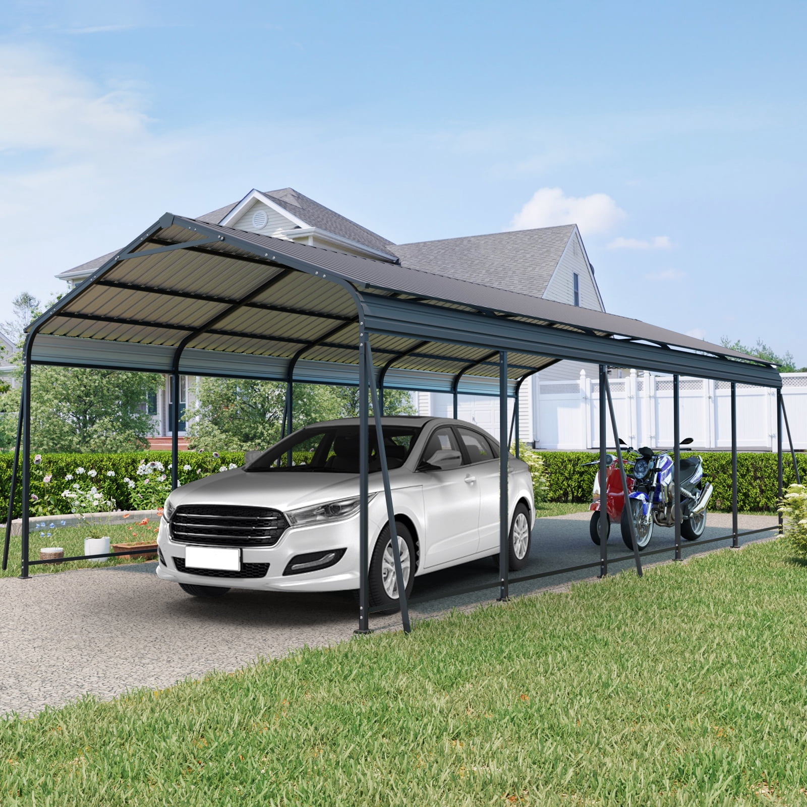 taoruifang 13×26.5 FT Carport Heavy Duty Metal Carport Canopy with Galvanized Steel Roof and Frame 6 Fixed Inclined Square Tube Supports for Driveway Car Truck Boat RV Charcoal