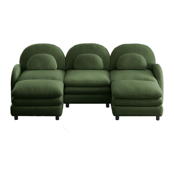 taoruifang 98 in Green Teddy Fabric Cloud-like 3-Seat Sofa, Curved Backrest and Armrest, Modular with 2 Movable Ottomans