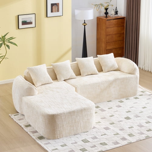 taoruifang Beige chenille L-shaped compressed sofa with curved armrests and 4 throw pillows for living room