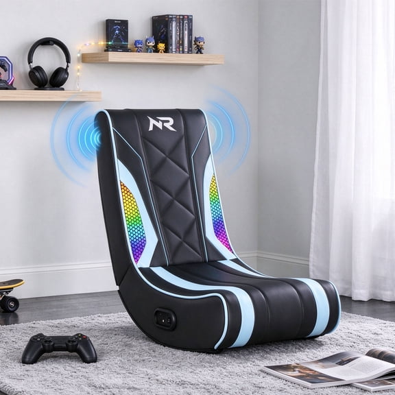 taoruifang Floor Rocker Gaming Chair, PU, with RGB LED Lights and 2.0 Speakers, Black/Blue