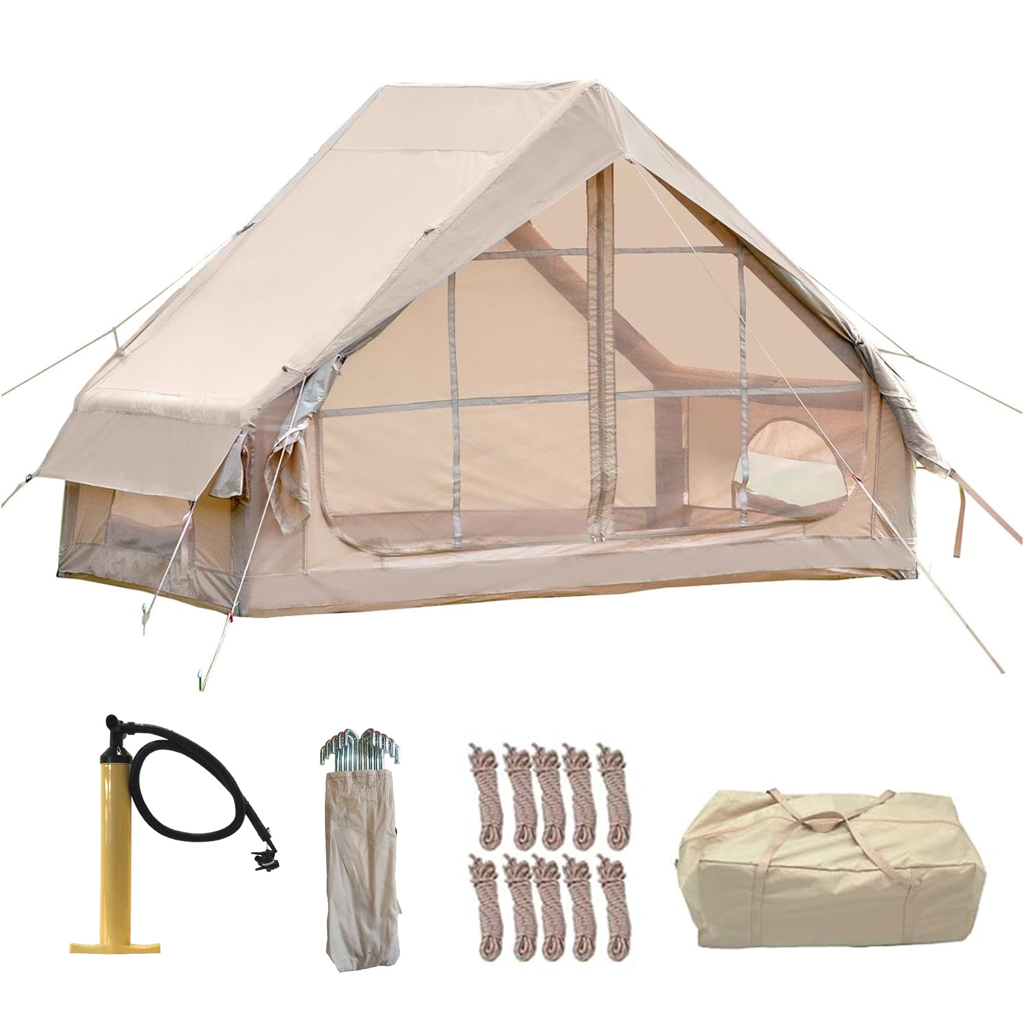 taoruifang Inflatable Tent for 4-6 Person, Glamping Air Tent with Pump, Easy Setup 410D Waterproof Oxford for Outdoor Camping, Khaki