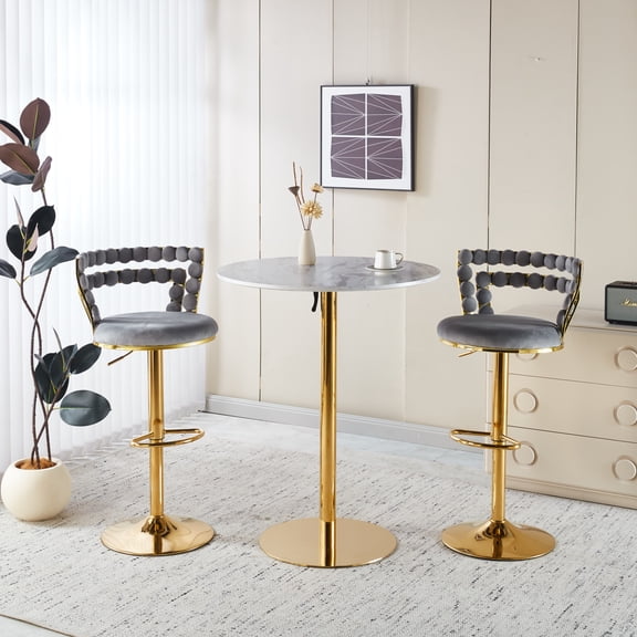 taoruifang Modern Gold Bar Table Set with 2 Adjustable Stools, Round Marble-Patterned, Grey+Gold