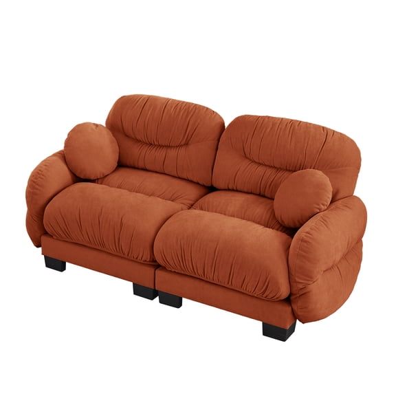 taoruifang Pleated Design Chenille Fabric Modular Sofa with Ergonomic Foam Seat and Curved Round Armrests, 2 Round Throw Pillows, Orange