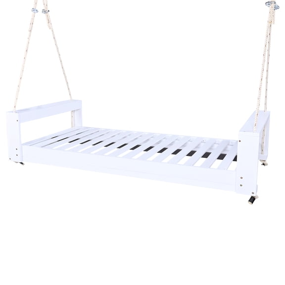 taoruifang Twin Size Porch Swing Bed, Weather Resistant Acacia Wood Outdoor Swing Seating Group with 98 Inch Hemp Ropes, 400lbs Weight Capacity Minimalist Patio Lounge Bed for Garden Backyard, White