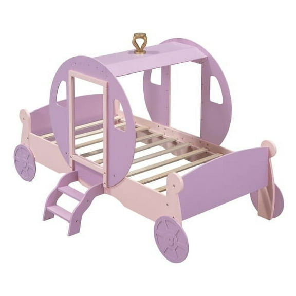taoruifang Twin Size Wooden Princess Carriage Bed with Crown and Slats, Purple and Pink