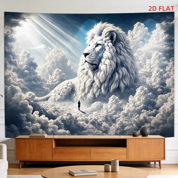 A tapestry featuring themes of lions, clouds, figures, sunlight, and the skyan ideal choice for decorating living rooms, meditation spaces, or office walls, or for use in party decor.
