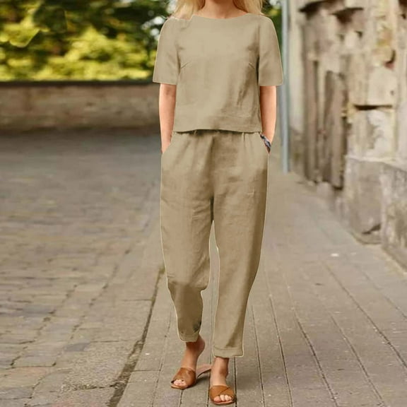 tarylea 2 Piece Cotton Linen Sets for Women Short Sleeve Scoop Neck T-Shirt Elastic Waist Pants Casual Lightweight Breathable Outfits
