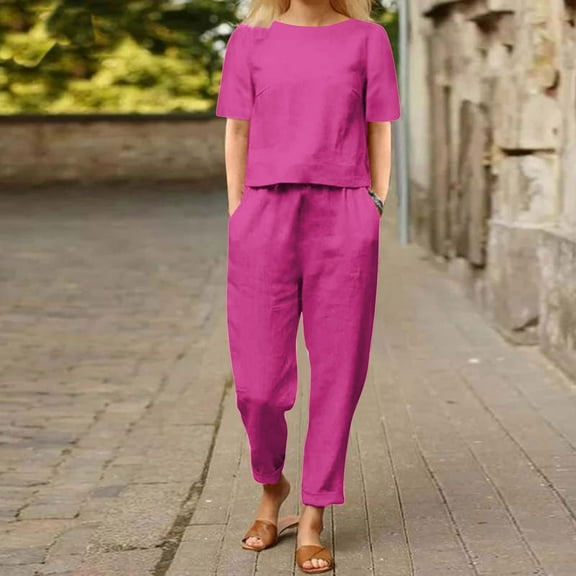 tarylea 2 Piece Cotton Linen Sets for Women Short Sleeve Scoop Neck T-Shirt Elastic Waist Pants Casual Lightweight Breathable Outfits