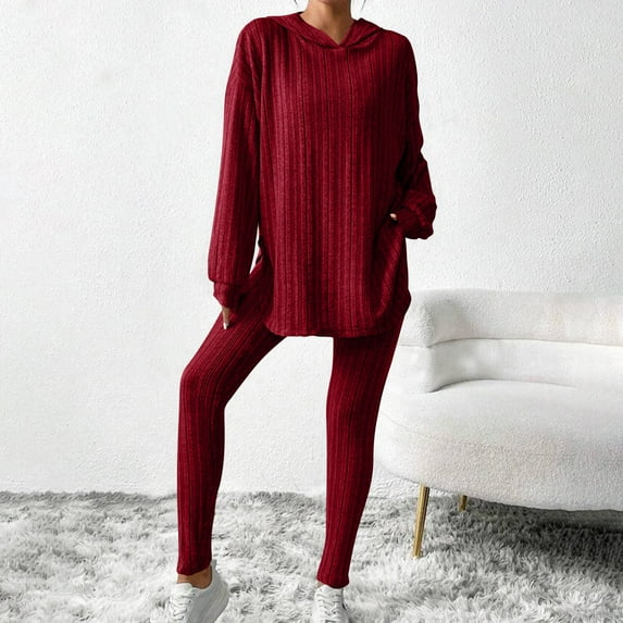 tarylea 2 Piece Lounge Sets for Women Ribbed Knitted Long Sleeve Hoodies Slim Fitted Leggings Casual Fall Comfy Outfits