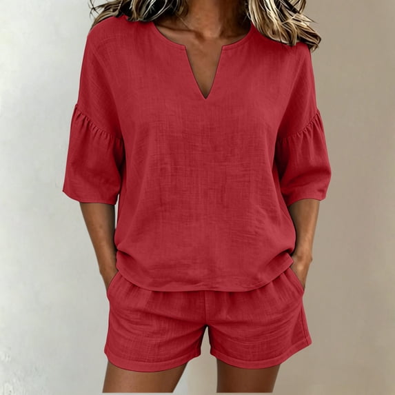 tarylea 2 Piece Sets for Women Ruched 3/4 Sleeve Notch Neck Tops Elastic Waist Rolled Shorts Casual Loose Summer Trendy Outfits