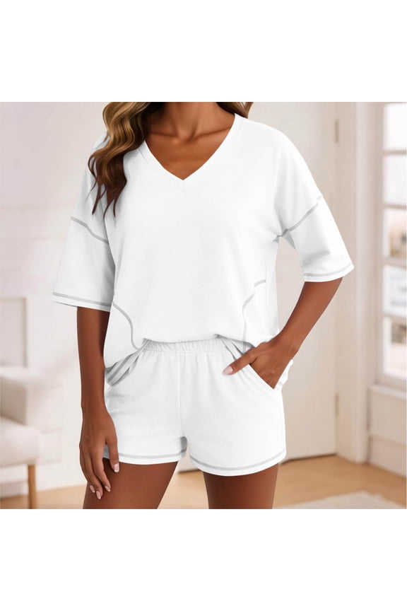 2 Piece Sets for Women Short Sleeve V Neck T-Shirts Elastic Waist Shorts Casual Summer Comfy Plain Outfits
