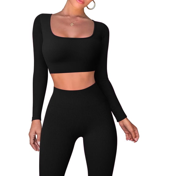 tarylea 2 Piece Workout Sets for Women Long Sleeve Square Neck Crop Tops High Rise Leggings Casual Ribbed Slim Fitted Yoga Outfits