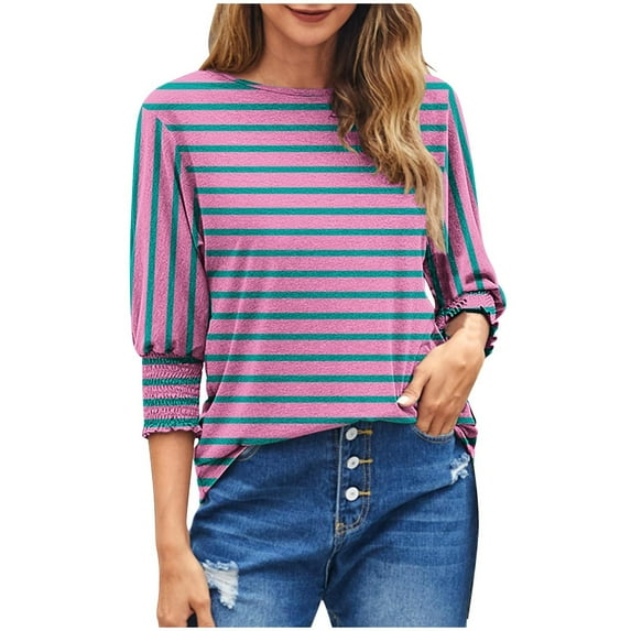 tarylea 3/4 Length Sleeve Tops for Women Crew Neck Striped T Shirts Casual Basic Tees Loose Fitted Shirts Blouses