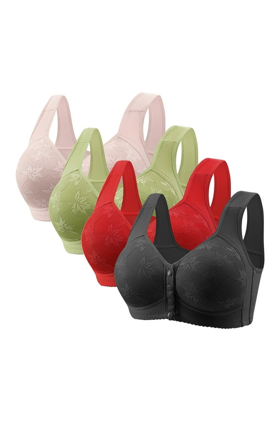 4 Pack Front Closure Bras for Women Open Front Push up Full Coverage Lace Blocked Supportive Stretchable Comfy Bra Underwear