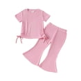 thumbnail image 1 of tarylea Baby Girl Clothes Drawstring Short Sleeve Crew Neck Tops Elastic Waist Bell Bottom Flare Pants Solid Color Ribbed Suits Summer Trendy Comfy Loose Toddler Outfits for 9 Months-4 Years, 1 of 9