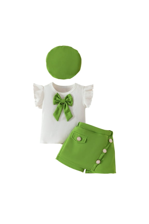 Baby Girls Skirts Sets Ruffle Cap Sleeve Bowknot Knit Top Pleated Min Skirts with Hat 3Pcs Summer Outfits