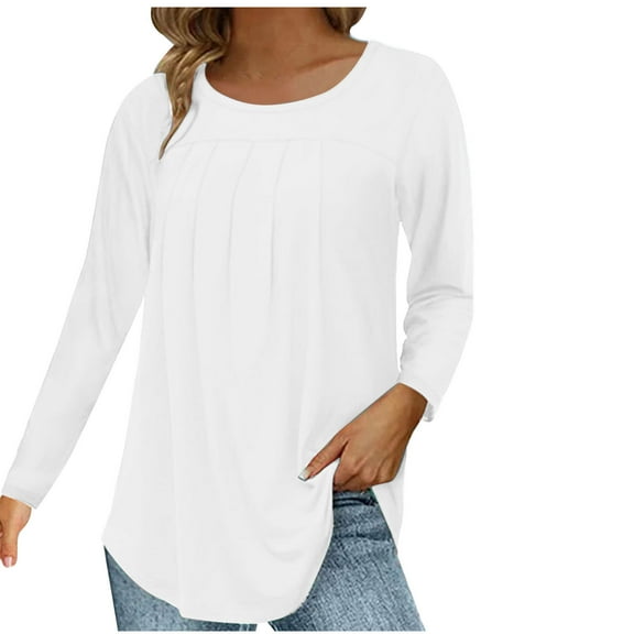 tarylea Blouse for Women Casual Crew Neck Pleated Shirts Long Sleeve Solid Color Loose Tops Comfy Dailywear Shirts
