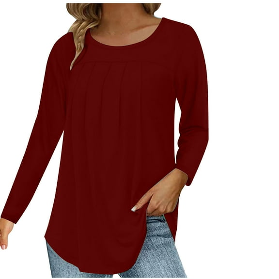 tarylea Blouse for Women Casual Crew Neck Pleated Shirts Long Sleeve Solid Color Loose Tops Comfy Dailywear Shirts