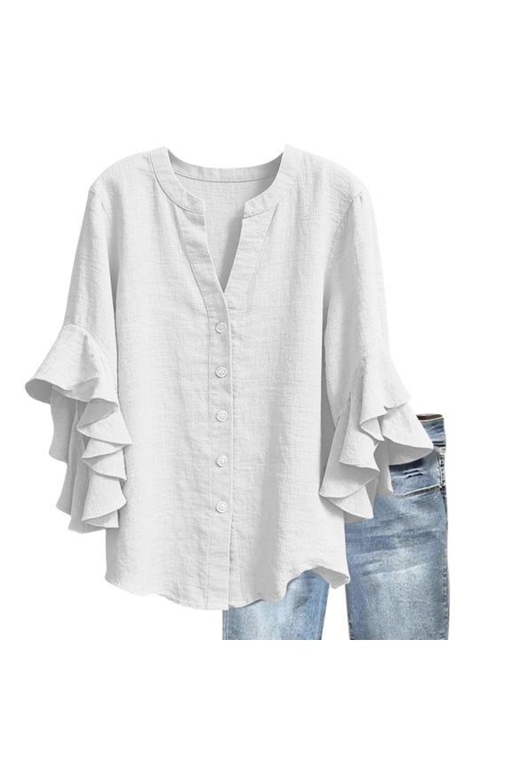 Blouses for Women Dressy Casual Cotton Linen Tops Button Notch Neck Ruffled 3/4 Length Sleeve Casual Loose Summer Flowy Shirt