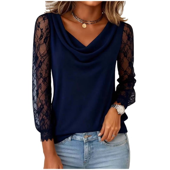tarylea Blouses for Women Dressy Casual Lace Tops Long Sleeve Cowl Neck Loose Fitted Spring Summer Shirt