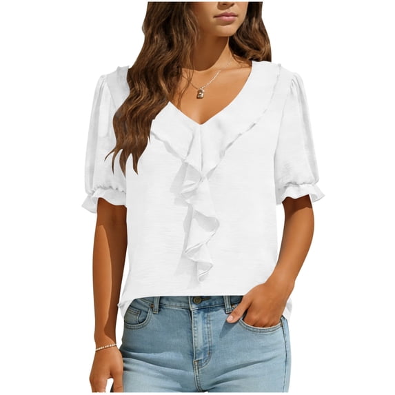 tarylea Blouses for Women Dressy Casual Ruffled V Neck Puff Short Sleeve Loose Fitting Summer Cute Shirts