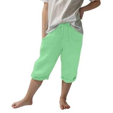 tarylea Boys Girls Cotton Linen Capri Pants Drawstring High Waisted Capris Knee Length Cropped Summer Pants