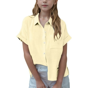 tarylea Boys Girls Cotton Linen Shirts Short Sleeve Tops Button down V Neck Blouses Solid Color Loose Fitted Summer Top