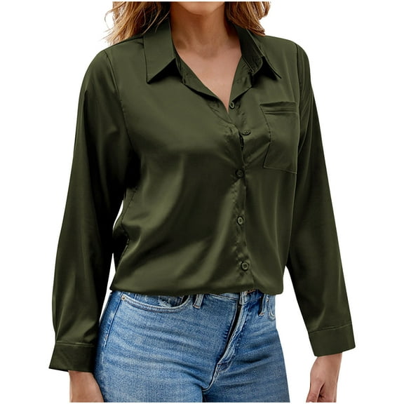 tarylea Business Casual Tops for Women Lapel Button down Shirts Chest Pocket Long Sleeve Tops Work Office Shirts