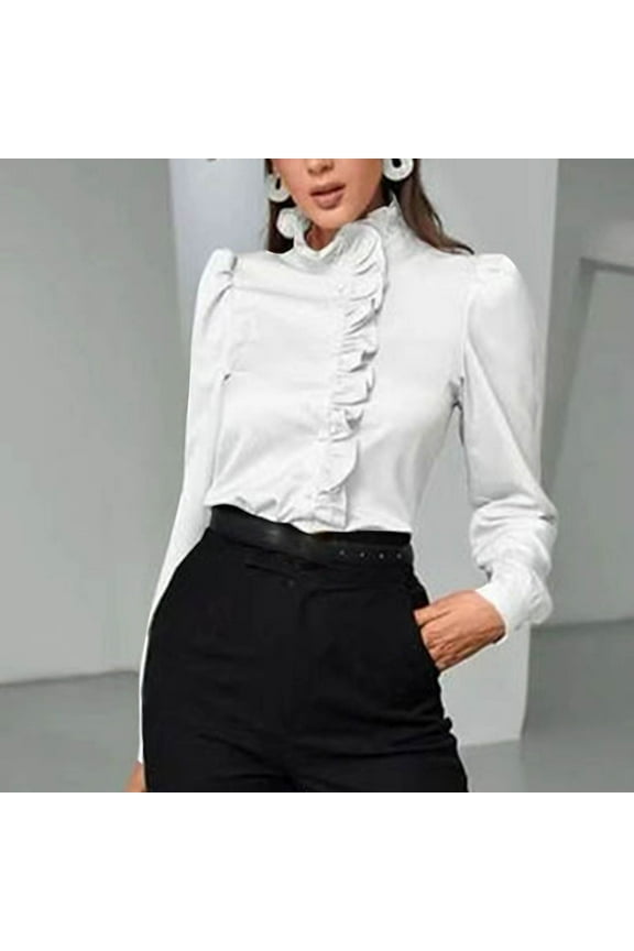 Business Casual Tops for Women Long Sleeve High Neck Ruffled Shirts Button down Adjustable Cuff Blouse Comfy Fall Tops