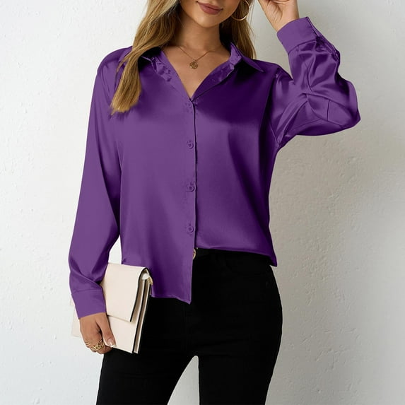 tarylea Business Casual Tops for Women Satin Button down Turn down Collar Shirts Long Sleeve Solid Color Blouse Loose Comfy Office Tops