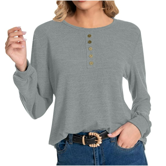 tarylea Business Casual Tops for Women Trendy Button Front Crew Neck Knitted Shirts Loose Solid Color Work Office Shirts