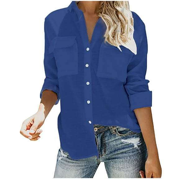 tarylea Business tops for Women Long Sleeve Shirts with Two Chest Pockets Turndown Collar Button Down Shirts Casual Shirts