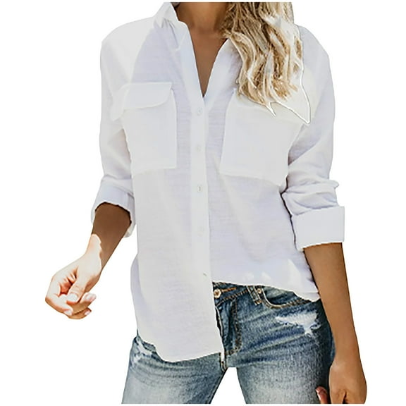 tarylea Business tops for Women Long Sleeve Shirts with Two Chest Pockets Turndown Collar Button Down Shirts Casual Shirts