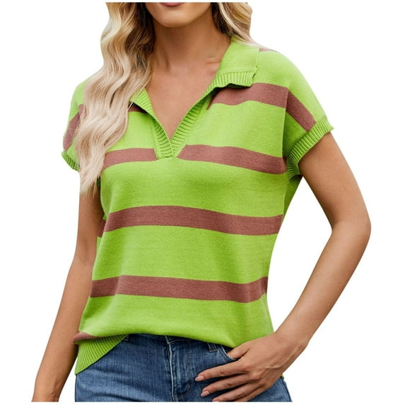tarylea Cap Sleeve Sweaters for Women Womens Casual V Neck Pullover Knit Top Striped Loose Tees Blouses