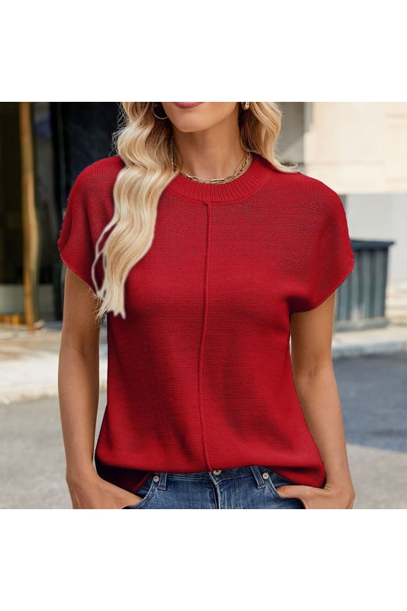 Cap Sleeve Tops for Womens Summer Casual Crew Neck Sweater Lightweight Knit Pullover Top Loose Fitted