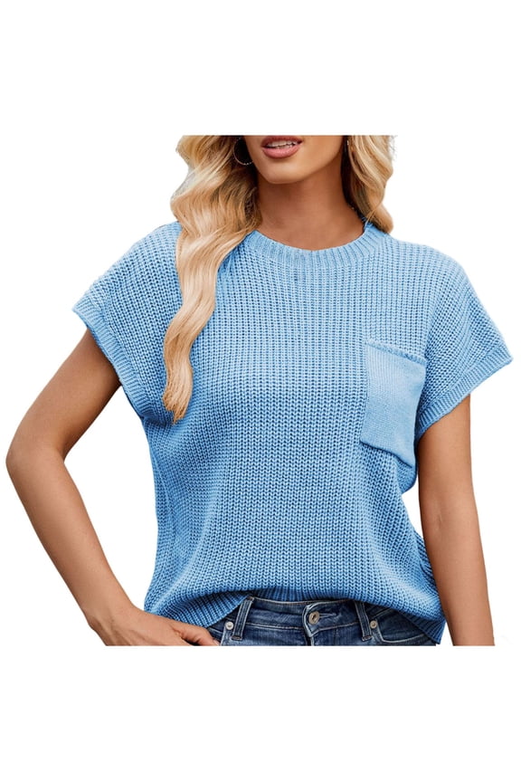 Cap Sleeve Tops for Womens Summer Casual Crew Neck Sweater Lightweight Knit Pullover Top Loose Fitted