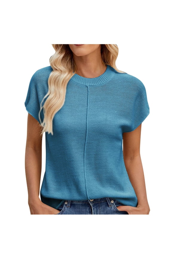 Cap Sleeve Tops for Womens Summer Casual Crew Neck Sweater Lightweight Knit Pullover Top Loose Fitted
