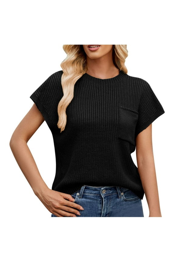 Cap Sleeve Tops for Womens Summer Casual Crew Neck Sweater Lightweight Knit Pullover Top Loose Fitted
