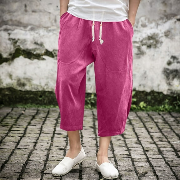 tarylea Capri Pants for Men Cotton Linen Solid Color Trousers Drawstring Loose Pants with Pockets Casual Lightweight Breathable Pants