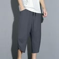 thumbnail image 1 of tarylea Capri Pants for Men Irregular Hem Elastic Waist Trousers Solid Color Drawstring Loose Pants with Pockets Casual Comfy Summer Pants, 1 of 5