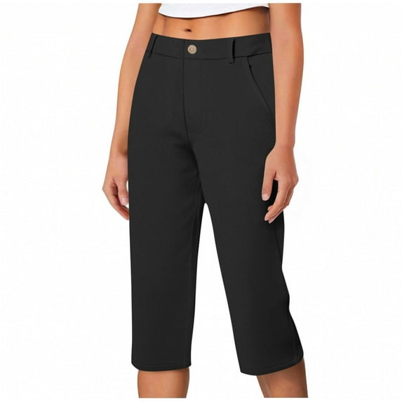 tarylea Capri Pants for Women Button Waist Solid Color Pants with Pockets Casual Comfy Work Office Pants