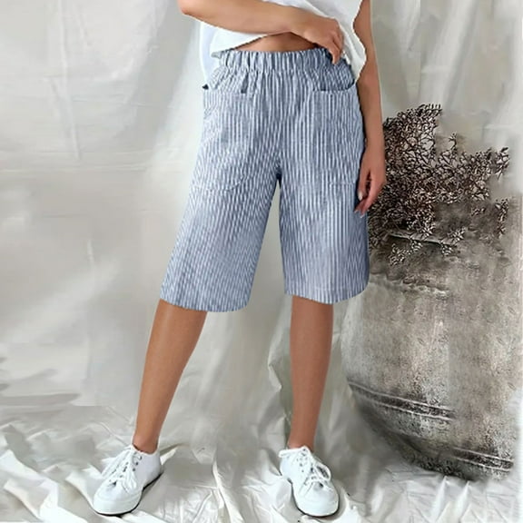 tarylea Capri Pants for Women Elastic Waist High Rise Stripe Pants with Pockets Casual Loose Summer Pants
