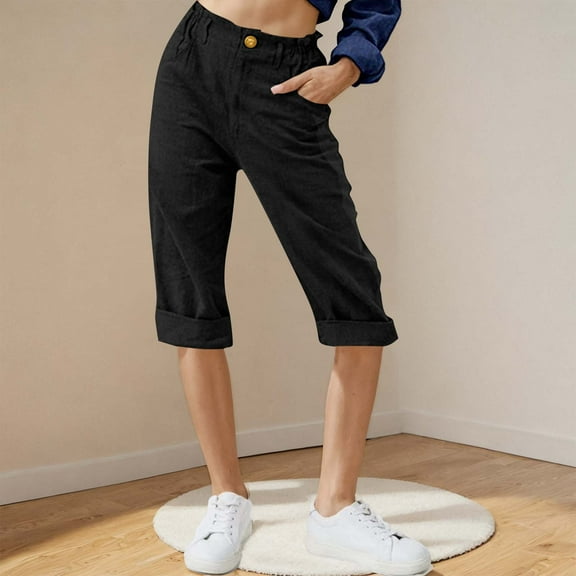 tarylea Capri Pants for Women Elastic Waist Knee Length Pants Casual Lightweight Breathable Summer Cropped Pants